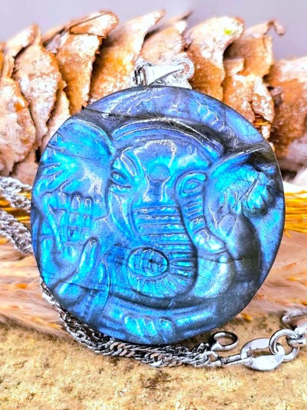 Labradorite Ganesha Carved Pendant • Strong Flash Crystal Necklace